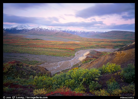 Tundra and braided rivers from Polychrome Pass, afternoon. Denali National Park, Alaska, USA.