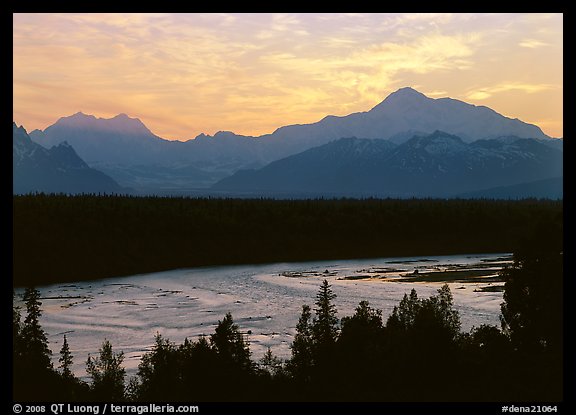 Mt Mc Kinley and Chulitna River at sunset. Denali National Park, Alaska, USA.