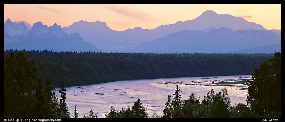 Wide river and Alaska range at sunset. Denali National Park, Alaska, USA.