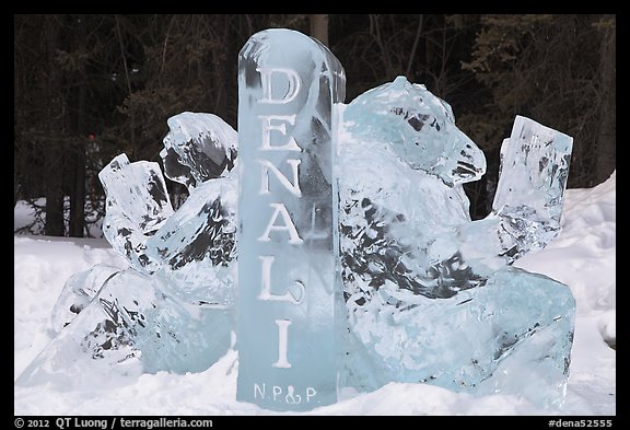 Ice sculpture with woman and bear. Denali National Park, Alaska, USA.