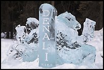 Ice sculpture with woman and bear. Denali National Park, Alaska, USA.