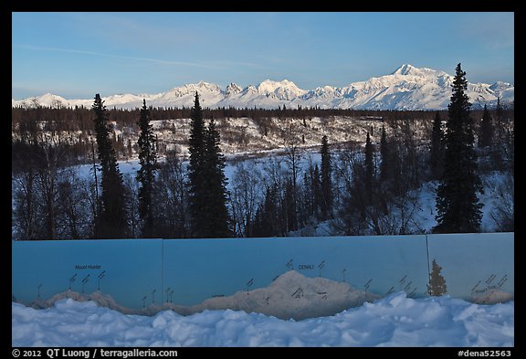 Interpretive sign, forest and Alaska range. Denali National Park (color)