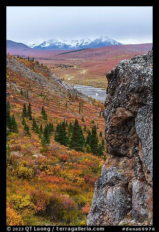 Rock outcrop, Savage River, and Alaska Range. Denali National Park (color)