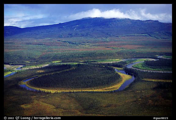 Aerial view of meandering river and mountains. Gates of the Arctic National Park, Alaska, USA.