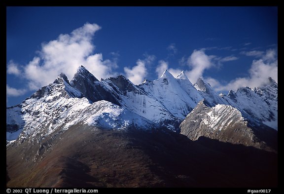 Aerial view of snowy Arrigetch peaks. Gates of the Arctic National Park, Alaska, USA.