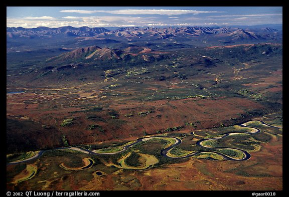 Aerial view of plain with meandering Alatna river and mountains. Gates of the Arctic National Park (color)