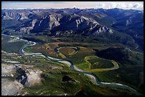 Aerial view of vast landscape of meandering Alatna river and mountains. Gates of the Arctic National Park, Alaska, USA. (color)
