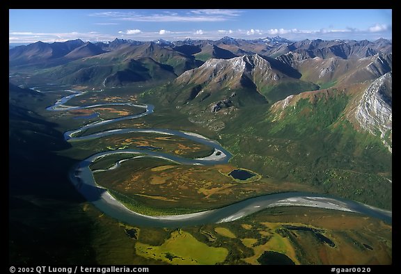 Aerial view of meandering Alatna river in mountain valley. Gates of the Arctic National Park, Alaska, USA.