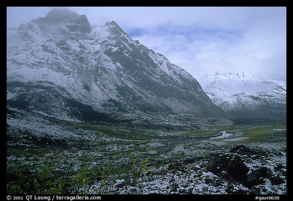 Fresh snow near Arrigetch Peaks. Gates of the Arctic National Park, Alaska, USA.