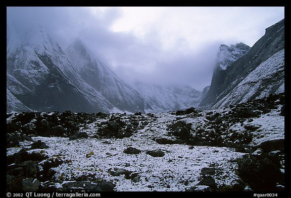 Fresh snow dusts the Arrigetch Peaks. Gates of the Arctic National Park, Alaska, USA.