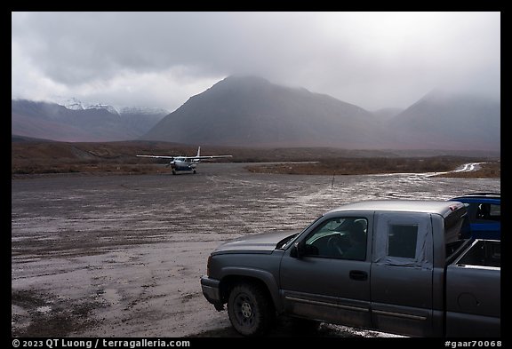 Truck waiting for airplane, Anaktuvuk Pass Airport. Gates of the Arctic National Park, Alaska, USA.