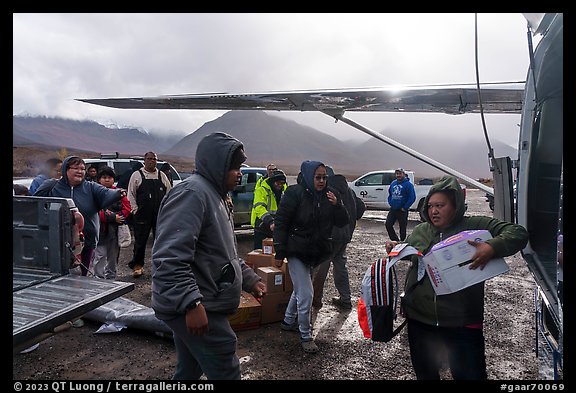 Unloading airplane, Anaktuvuk Pass Airport. Gates of the Arctic National Park, Alaska, USA.