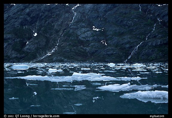 Icebergs and waterfalls, West arm. Glacier Bay National Park (color)