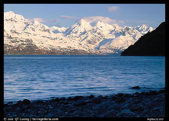 Snowy mountains of Fairweather range and West Arm, morning. Glacier Bay National Park, Alaska, USA.