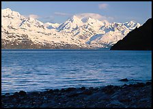 Snowy mountains of Fairweather range and West Arm, morning. Glacier Bay National Park, Alaska, USA.