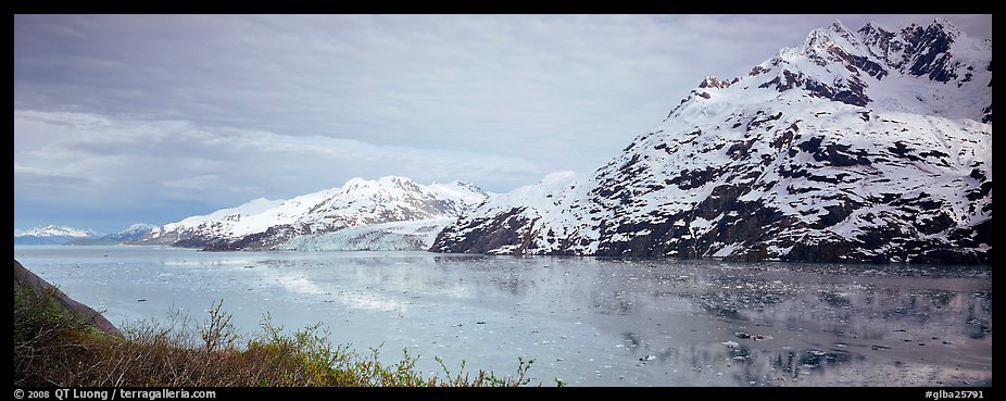 Snowy mountains rising above fjord. Glacier Bay National Park, Alaska, USA.