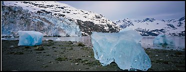 Beach iceberg and tidewater glacier front. Glacier Bay National Park, Alaska, USA.