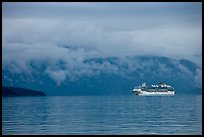 Cruise vessel in blue seascape. Glacier Bay National Park, Alaska, USA.