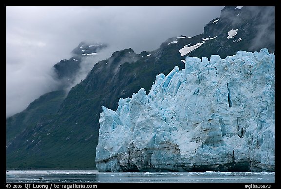 Terminal front of Margerie Glacier with blue ice. Glacier Bay National Park, Alaska, USA.