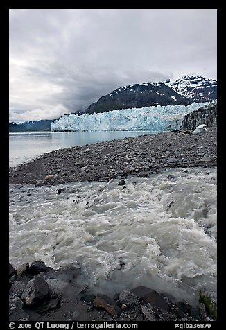 Stream flowing into Tarr Inlet, with Margerie Glacier in background. Glacier Bay National Park (color)