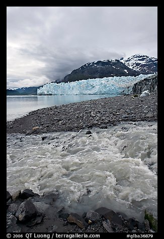 Stream flowing into Tarr Inlet, with Margerie Glacier in background. Glacier Bay National Park, Alaska, USA.