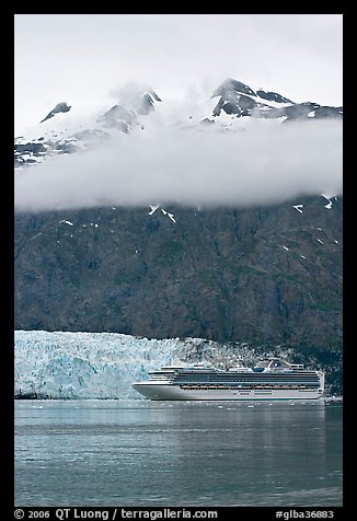 Cruise ship and Margerie Glacier at the base of Mt Forde. Glacier Bay National Park, Alaska, USA.