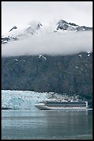 Cruise ship and Margerie Glacier at the base of Mt Forde. Glacier Bay National Park, Alaska, USA.