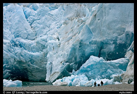 People at the base of Reid Glacier. Glacier Bay National Park, Alaska, USA.