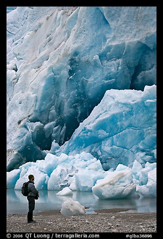 Hiker looking at ice wall at the terminus of Reid Glacier. Glacier Bay National Park (color)