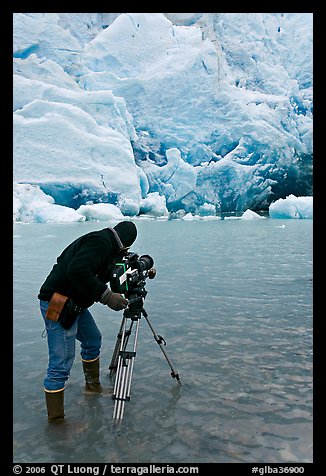 Cameraman standing in water with camera and tripod filming Reid Glacier. Glacier Bay National Park, Alaska, USA.