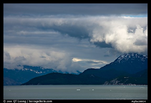 Storm clouds over the bay, West Arm. Glacier Bay National Park, Alaska, USA.