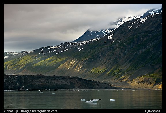 Slopes at the base of Mount Barnard illuminated by a late ray of sun. Glacier Bay National Park (color)