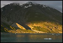 Sunset light falling on the base of the peaks around Tarr Inlet. Glacier Bay National Park, Alaska, USA. (color)