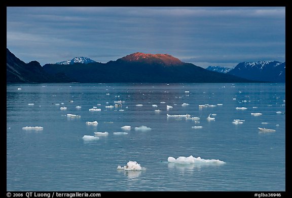 Icebergs and last light on mountain, Tarr Inlet, sunset. Glacier Bay National Park, Alaska, USA.