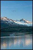 Small boat at the head of Tarr Inlet, early morning. Glacier Bay National Park ( color)
