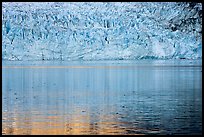 Golden reflections and blue ice of Margerie Glacier. Glacier Bay National Park, Alaska, USA. (color)