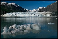 Iceberg, wide front of Margerie Glacier and Fairweather range. Glacier Bay National Park, Alaska, USA.