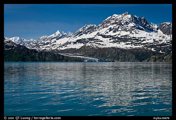 Mount Cooper and Lamplugh Glacier, reflected in rippled waters of West Arm, morning. Glacier Bay National Park, Alaska, USA.