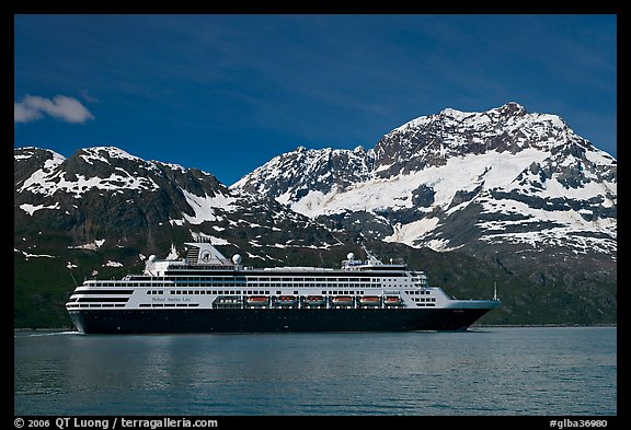 Cruise ship and snowy peaks. Glacier Bay National Park, Alaska, USA.