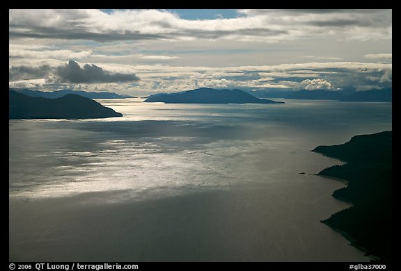 Aerial view of Sitakaday Narrows, late afternoon. Glacier Bay National Park, Alaska, USA.