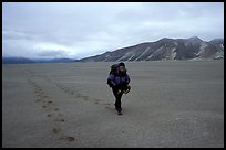 Backpacker hikes in sand-like ash, Valley of Ten Thousand smokes. Katmai National Park, Alaska (color)