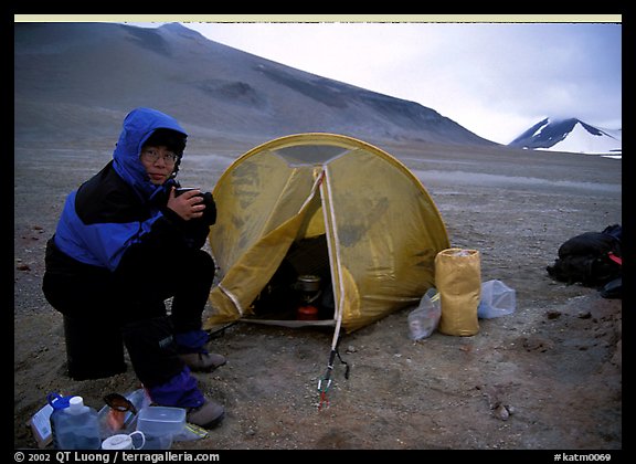 Camping on the bare terrain of the Valley of Ten Thousand smokes. Katmai National Park, Alaska