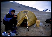 Camping on the bare terrain of the Valley of Ten Thousand smokes. Katmai National Park, Alaska ( color)