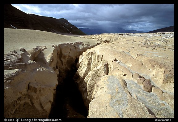 Deep gorge carved by the Lethe river in the ash-covered floor of the Valley of Ten Thousand smokes. Katmai National Park, Alaska, USA.