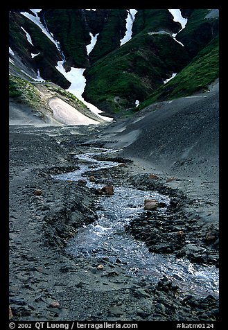 Stream flows from the verdant hills into the barren floor of the Valley of Ten Thousand smokes. Katmai National Park (color)