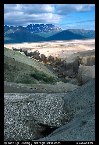 Snowfield and Lethe river, Valley of Ten Thousand smokes. Katmai National Park, Alaska, USA.