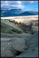 Snowfield and Lethe river, Valley of Ten Thousand smokes. Katmai National Park, Alaska, USA.