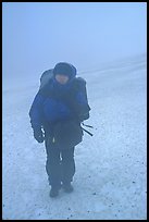 Backpacker in white-out conditions, Valley of Ten Thousand smokes. Katmai National Park, Alaska