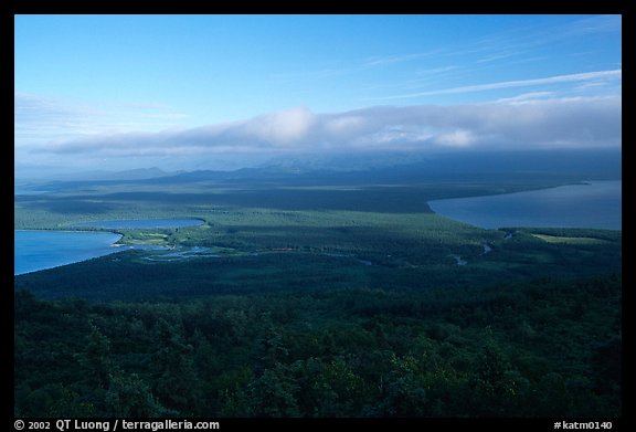 Brooks camp and river seen from Dumpling mountain in summer. Katmai National Park, Alaska, USA.