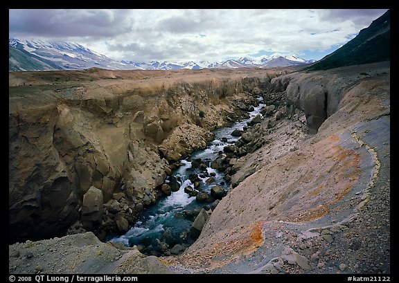 Colorful ash and Lethe River gorge, Valley of Ten Thousand smokes. Katmai National Park, Alaska, USA.